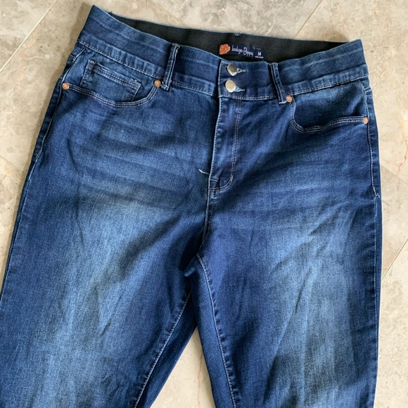 Indigo Poppy Flared Dark Jeans Women Sz 14 Elastic Waist High Rise Stretch - Picture 1 of 9